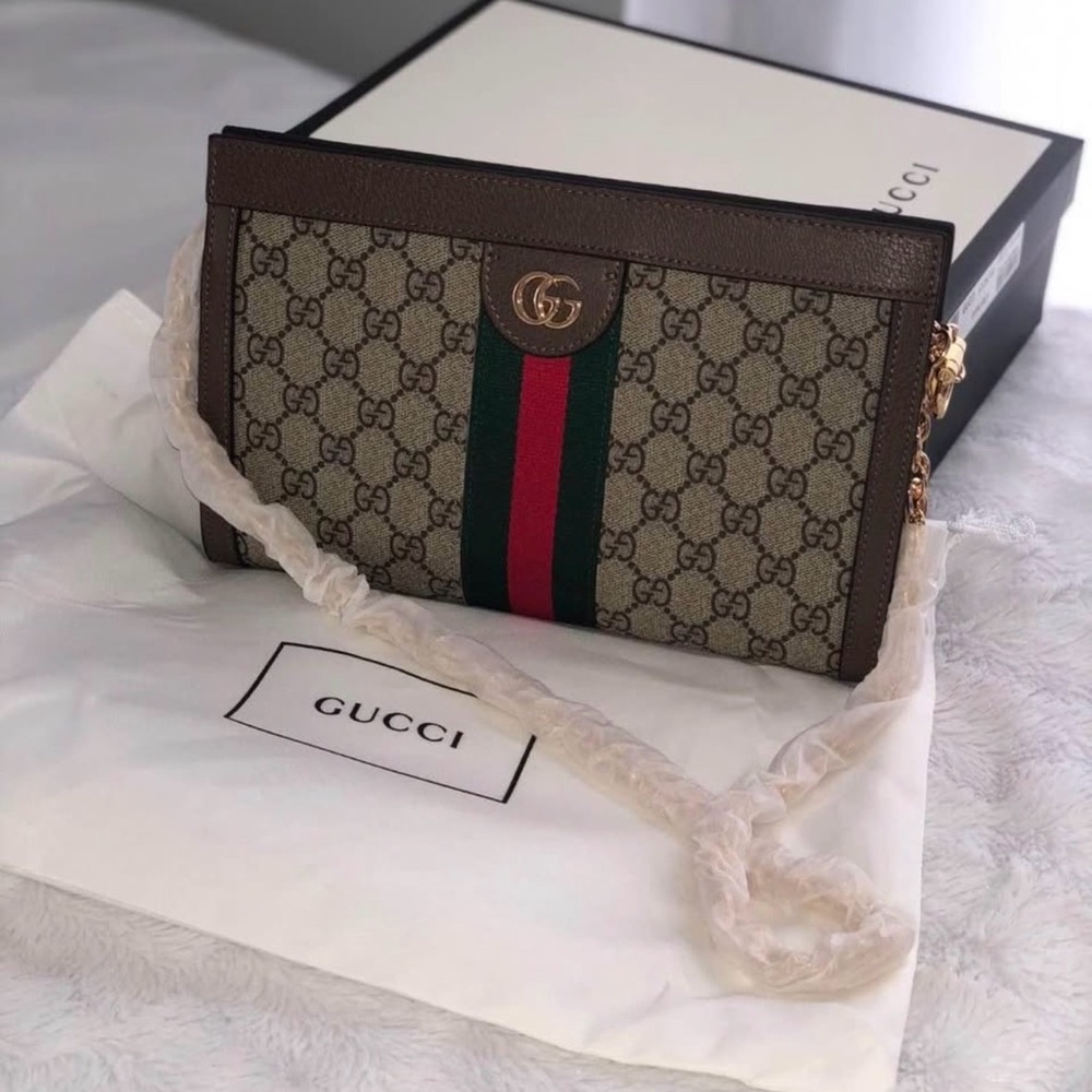Gucci Brown and Green Clutch with Signature Stripe